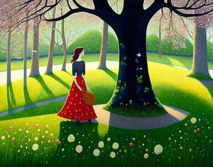 Illustration of woman in red dress walking through vibrant forest