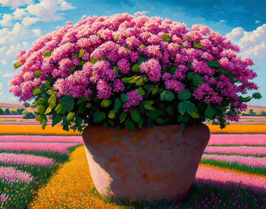 Colorful painting of lush potted plant with pink flowers in vibrant landscape