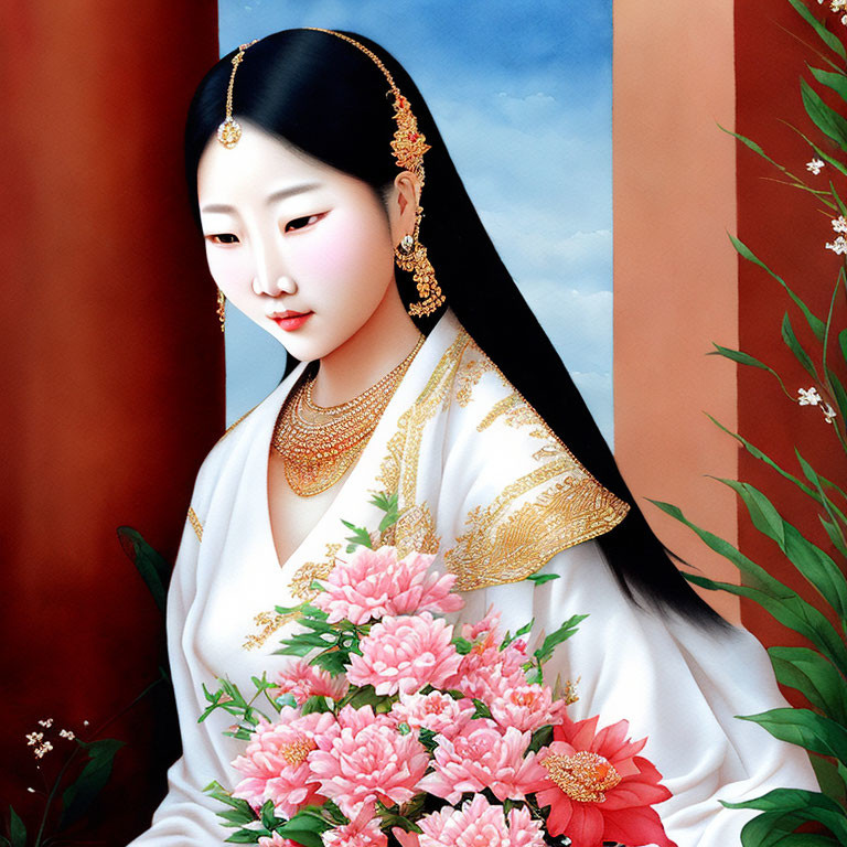 Illustrated Woman in Traditional Attire with Gold Jewelry and Pink Flowers on Red and Blue Background
