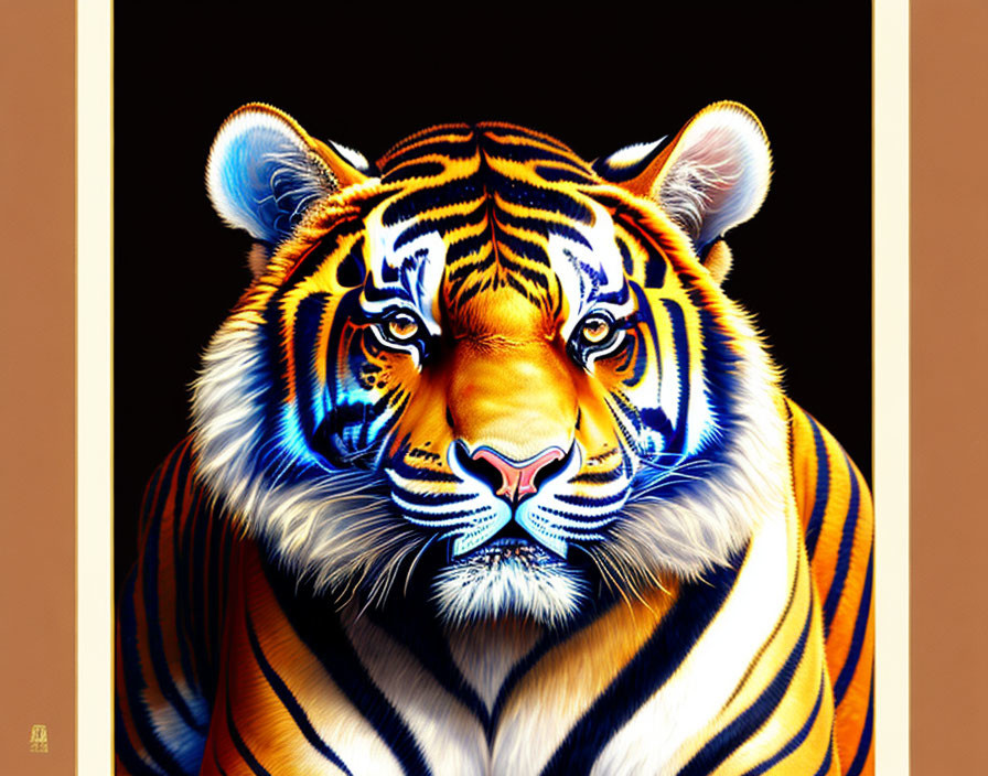 Colorful Tiger Face Illustration with Blue Eyes and Detailed Stripes