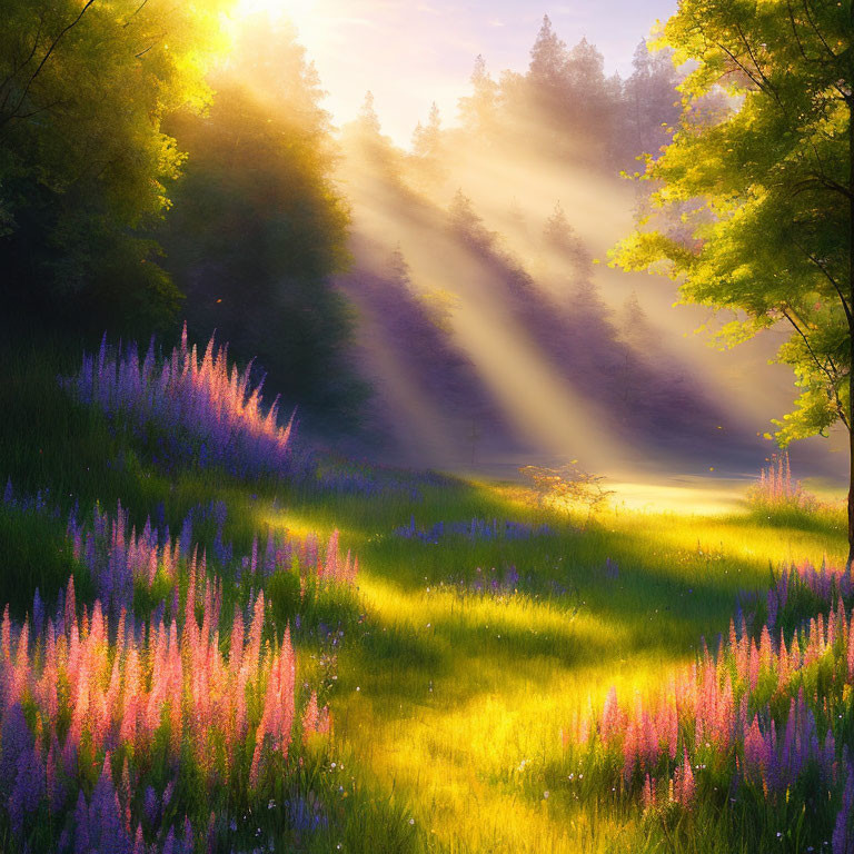 Tranquil forest landscape with sunlight, purple flowers, and green grass
