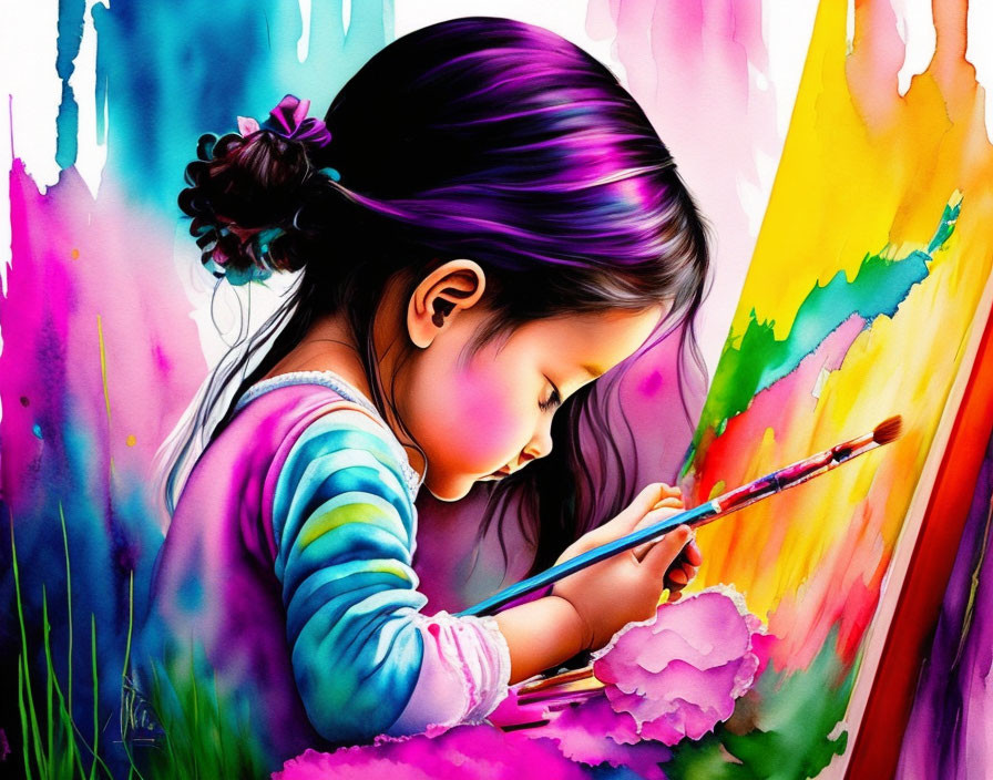 Young girl with purple-tinted hair painting on colorful canvas