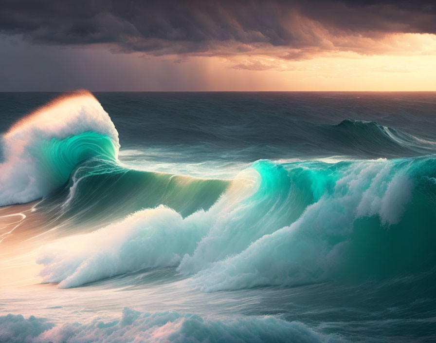 Turquoise waves cresting under sunlight against stormy ocean sky