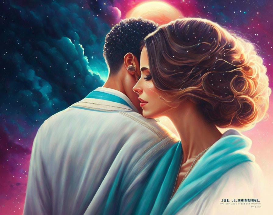 Intimate couple embracing in cosmic setting