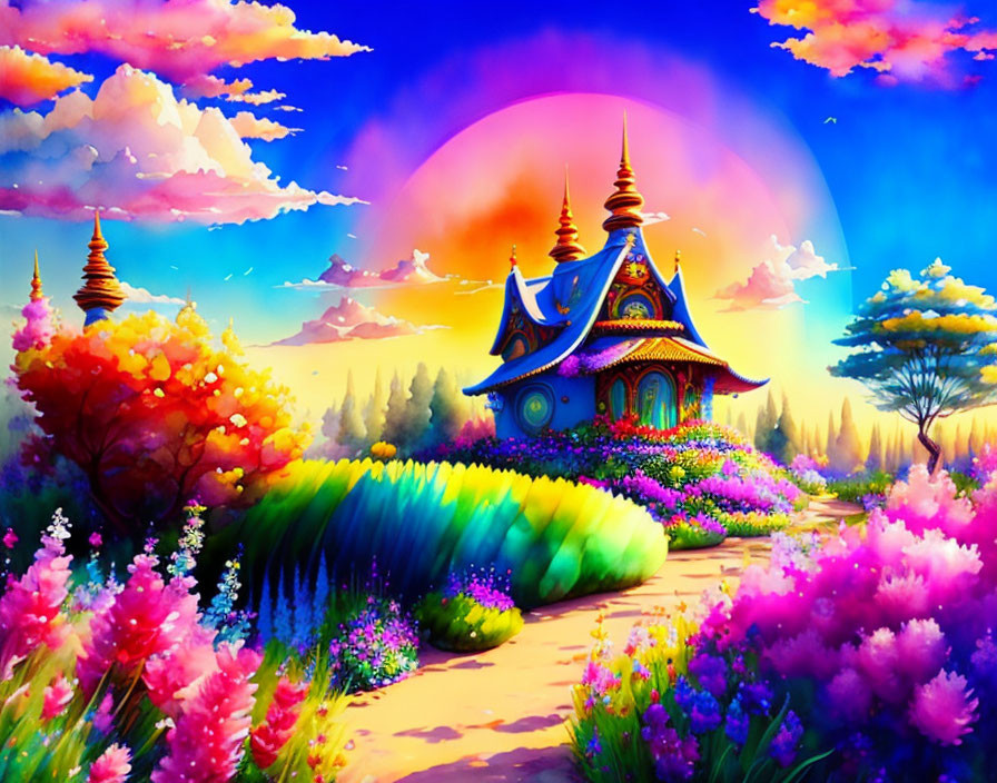 Colorful Landscape with Whimsical Temple and Lush Flowers under Sunset Sky