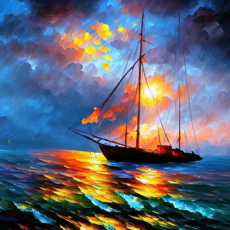 Sailboat painting: vivid sunset scene with fiery clouds reflected on shimmering sea