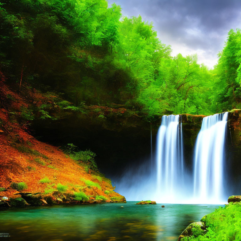 Lush forest with waterfall, serene river, green trees, red-brown earth