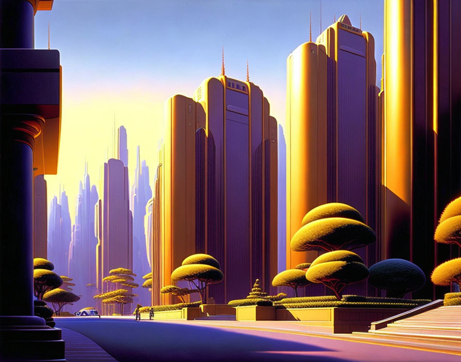Futuristic cityscape at sunset with sleek buildings and colorful trees