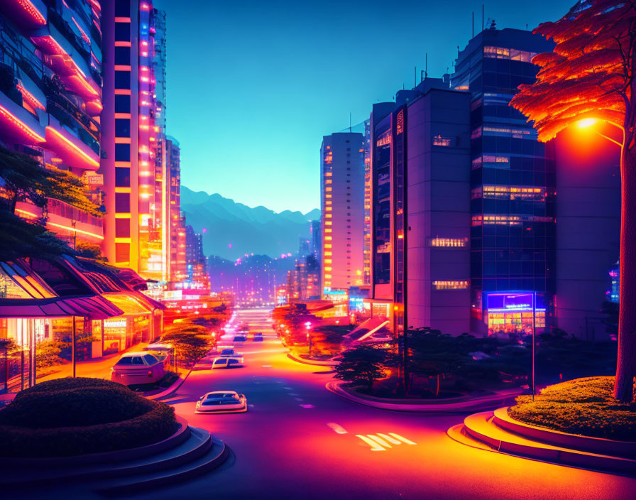 Urban Street at Twilight with Neon Lights & Mountains