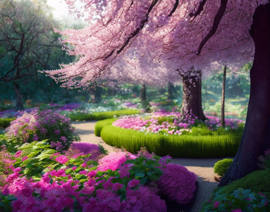 Tranquil park scene with pink cherry blossoms and lush greenery