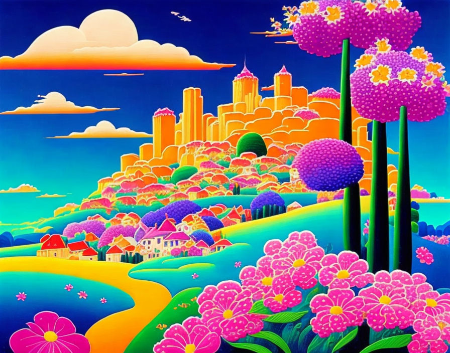 Colorful landscape with pink and purple flowers, yellow river, green hills, and city skyline.