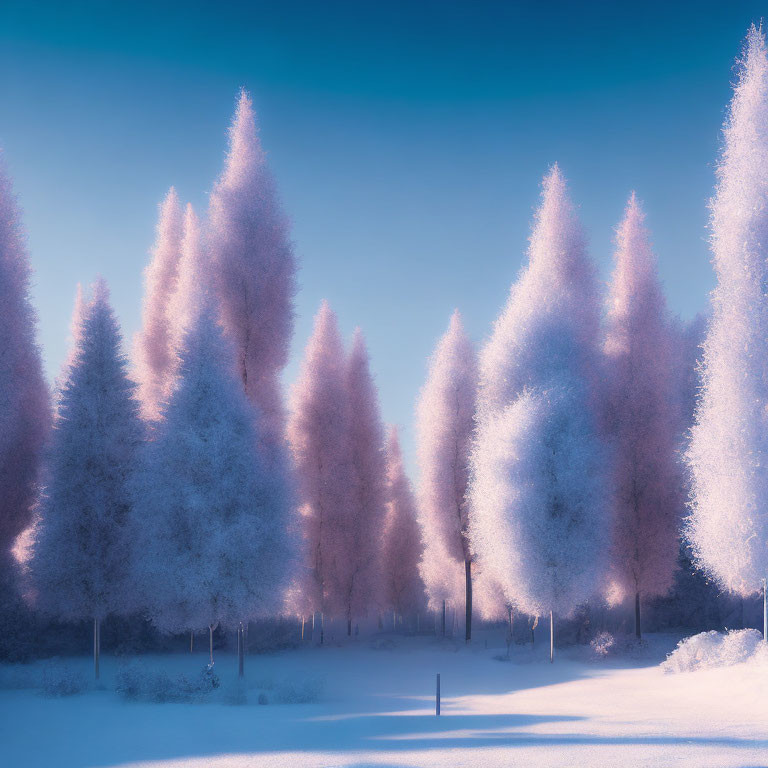 Frost-covered trees in pink and white against a blue sky