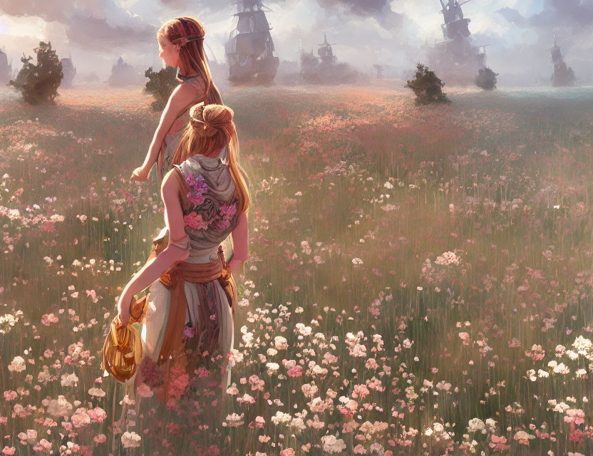 Two Women in Blooming Field with Floating Ships in Misty Background