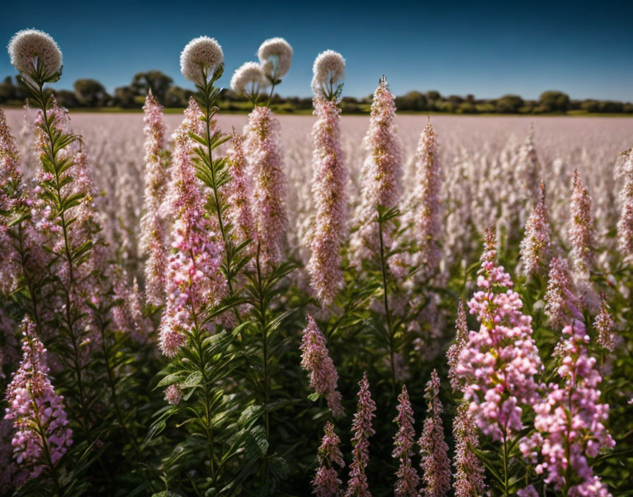 Vibrant pink flowers and fluffy white seed heads under blue sky
