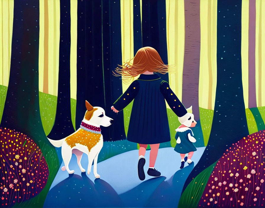 Illustration of girl, rabbit, and dog in magical forest with glowing trees