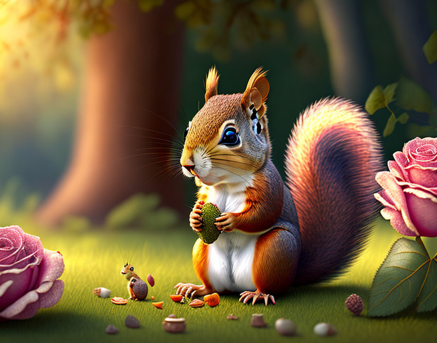 Whimsical illustration of plump squirrel with acorn in forest scene