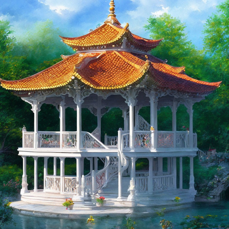 Traditional Asian-style pavilion with tiered tiled roofs and white railings, nestled in lush greenery