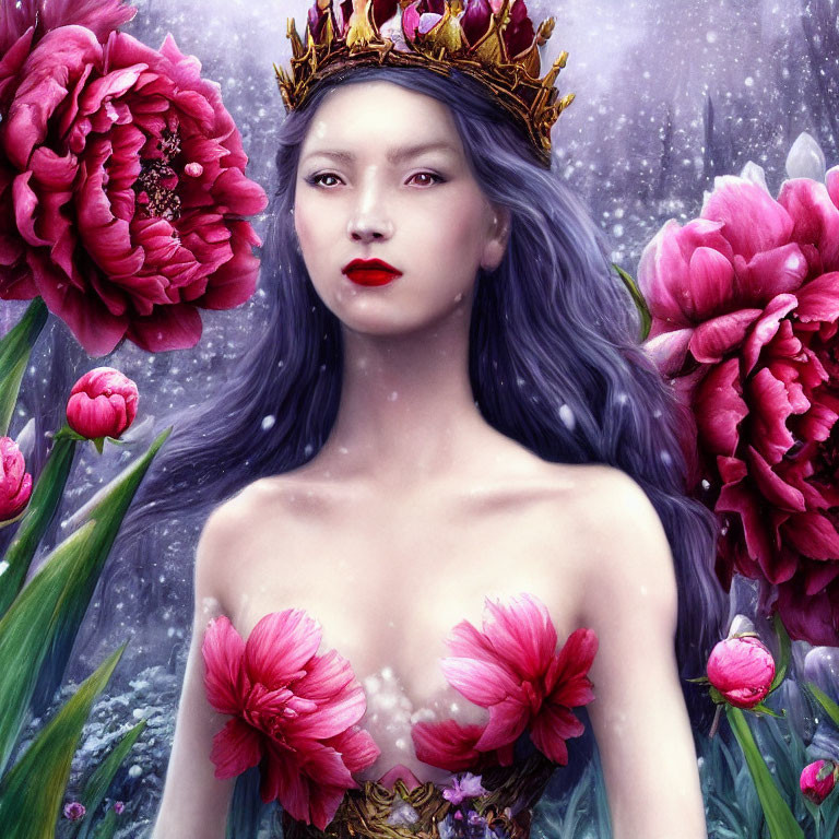 Woman with Crown and Blue Hair Surrounded by Red Flowers in Snowy Scene