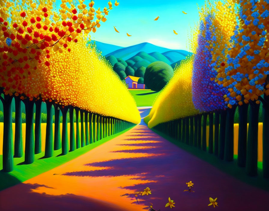 Colorful Tree-Lined Pathway Painting with Dot-Style Foliage and Butterflies