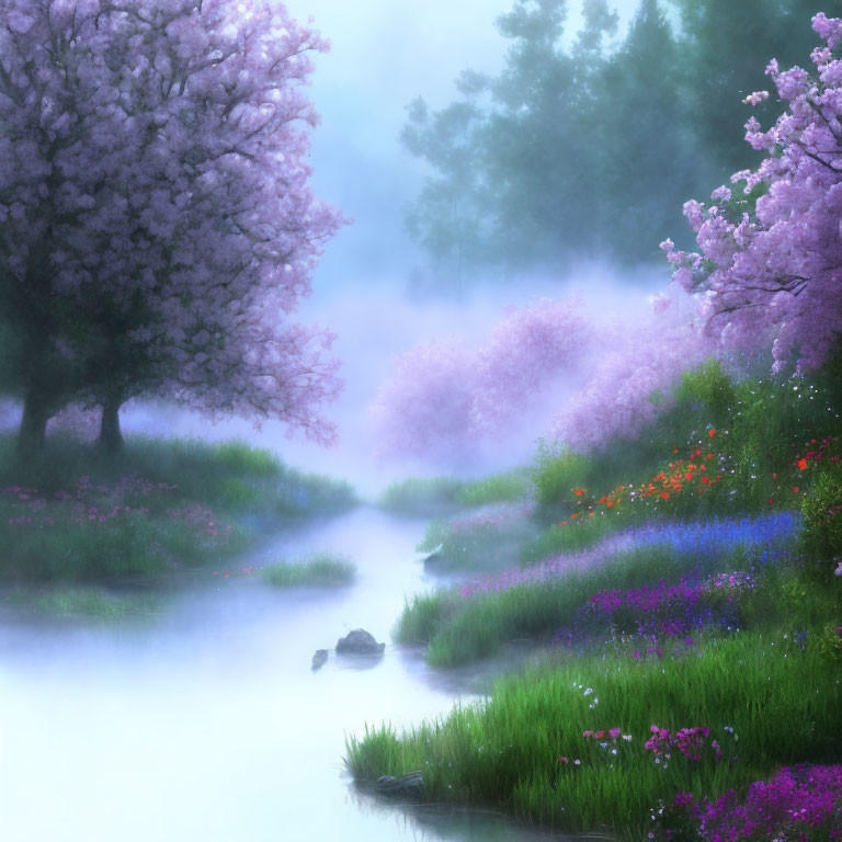 Tranquil stream with blooming cherry trees and wildflowers