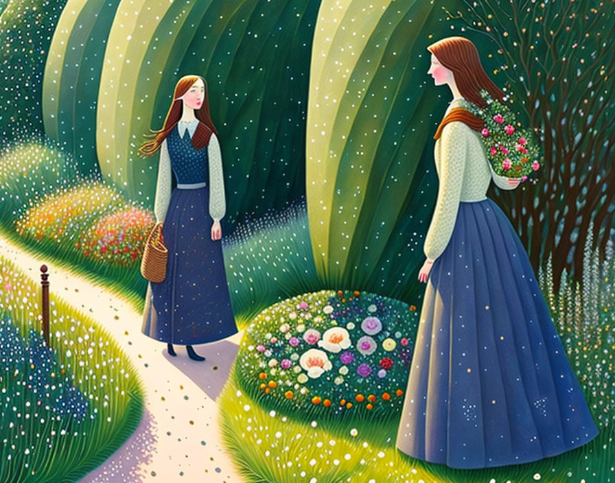 Stylized women in long dresses amidst vibrant greenery and flowers on a whimsical path.