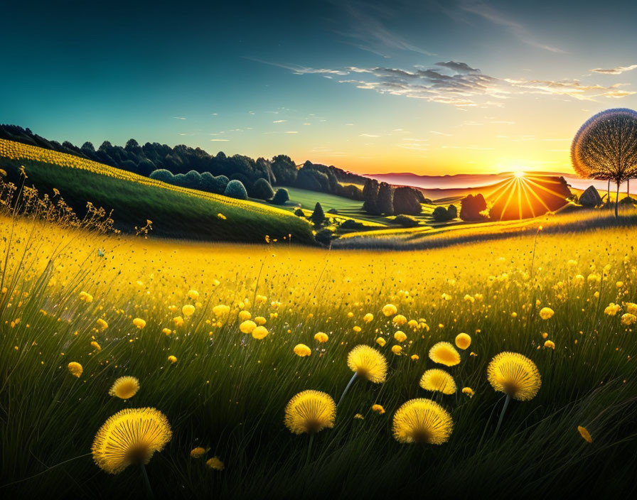 Scenic sunset over rolling hills with yellow flowers and green trees