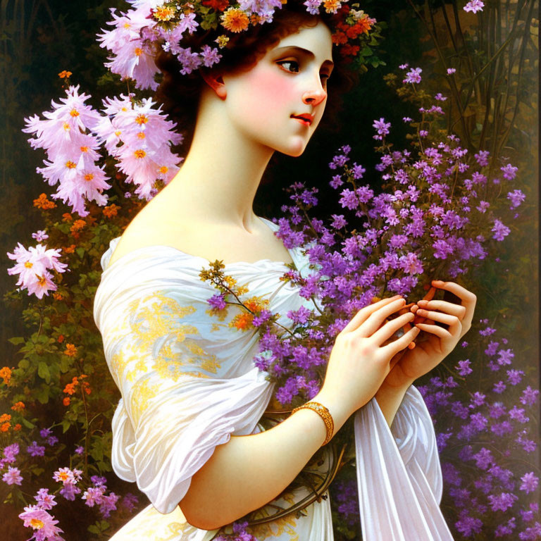 Woman in floral wreath holding purple bouquet in white gown with yellow flowers