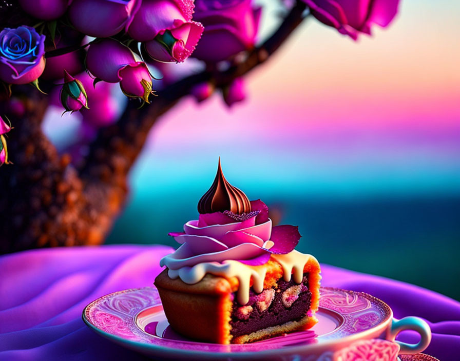 Colorful cake with purple icing on pink plate in front of magenta roses and vivid sunset