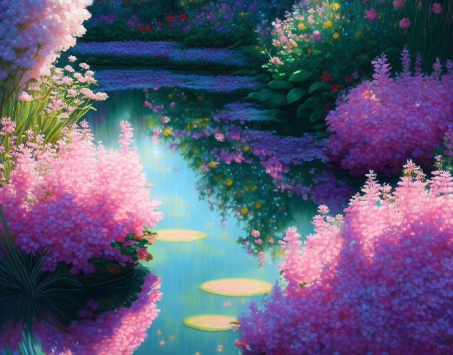 Tranquil pond with pink and purple flowers reflecting on water