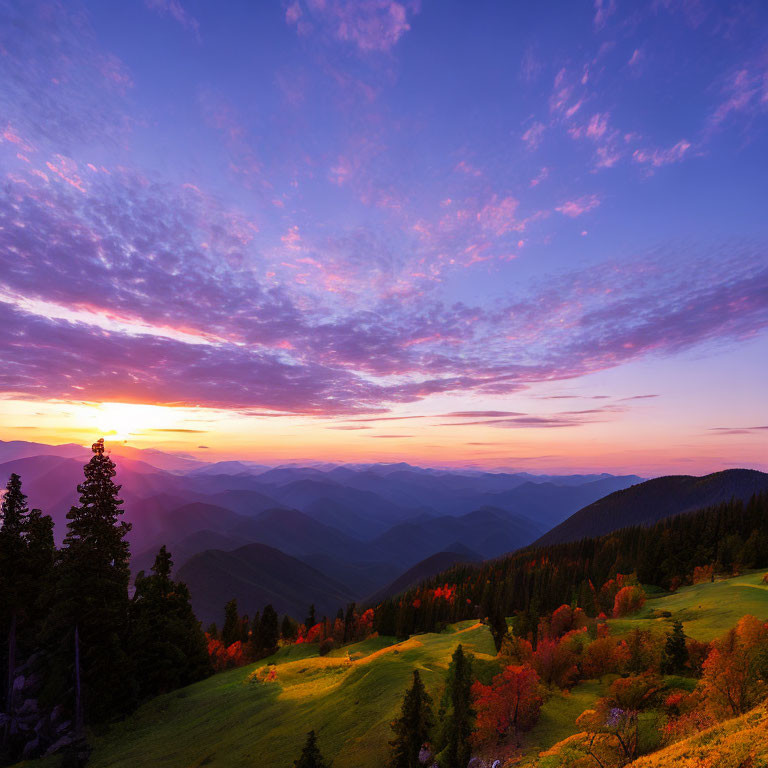 Vibrant autumn mountain landscape at sunrise with dramatic sky