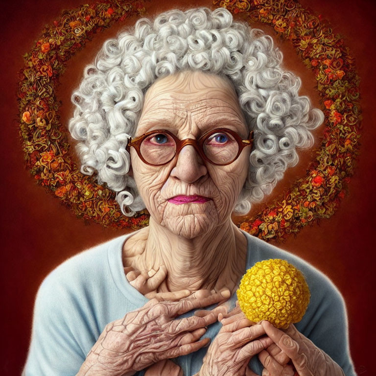 Elderly woman with gray hair and glasses holds yellow ball among autumn leaves