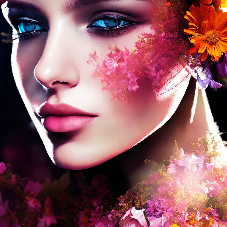 Digital Artwork: Woman with Striking Blue Eyes and Floral Graphics