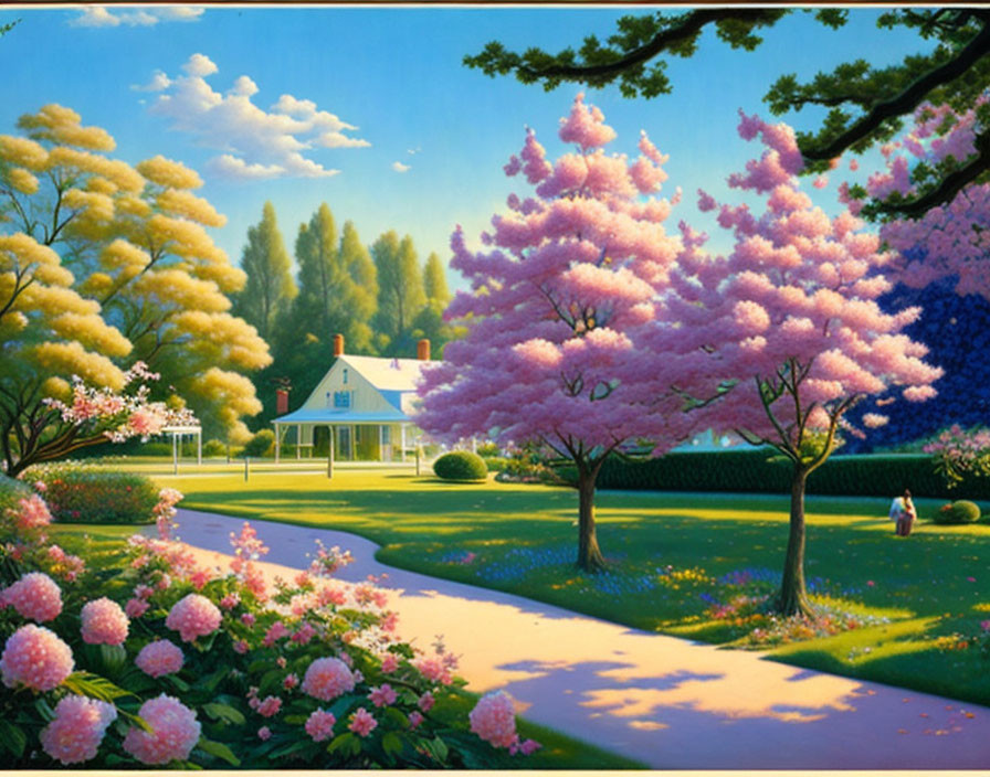 Tranquil garden painting with pink trees, greenery, winding path, and distant figure