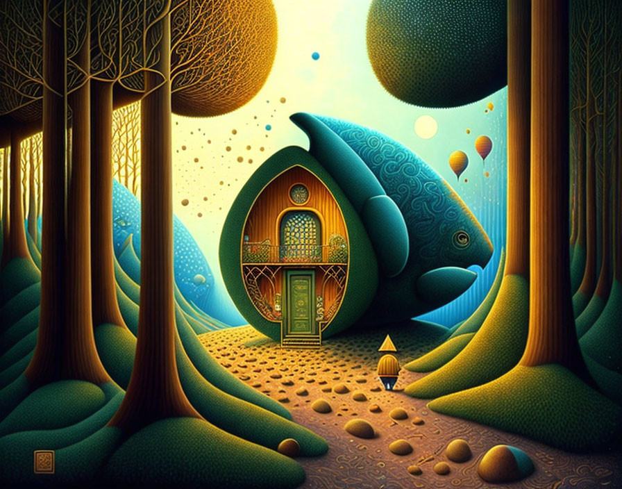 Whimsical forest scene with fish-shaped house and bulbous trees