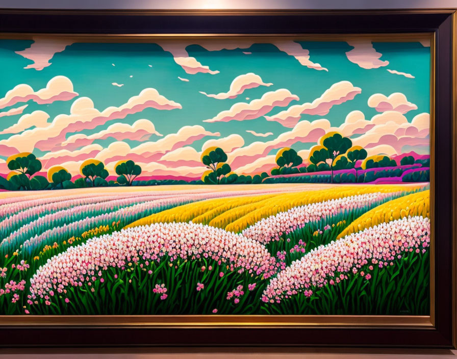Colorful Flower Landscape Painting in Dark Wooden Frame