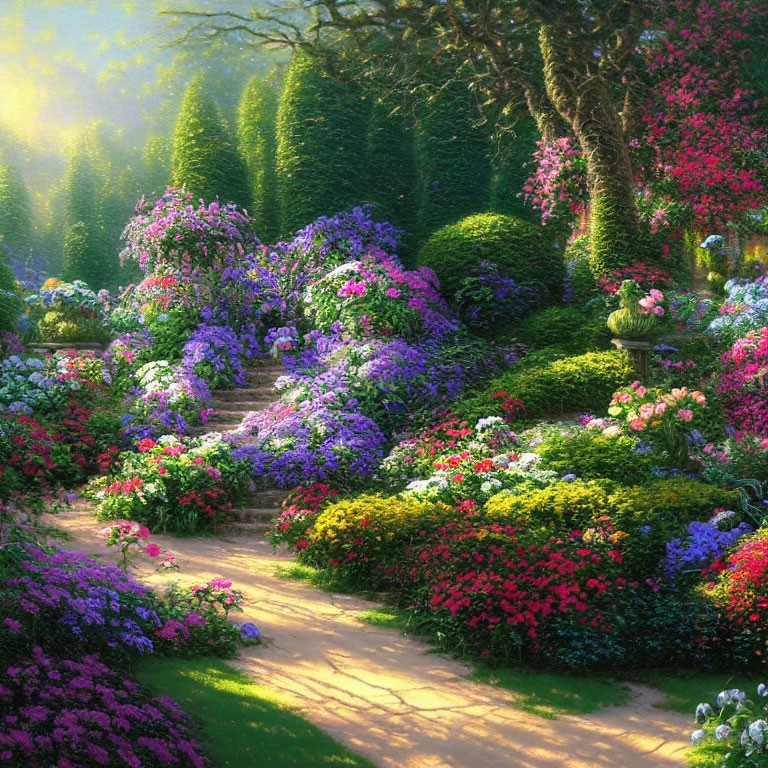 Lush Garden Pathway with Colorful Flowers & Greenery
