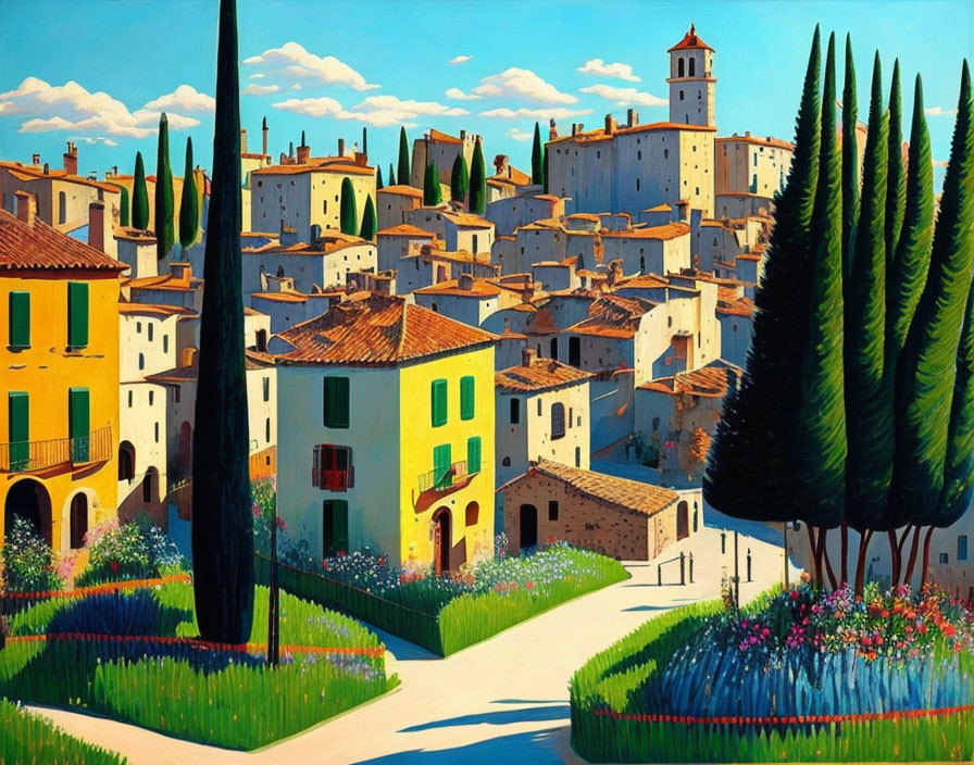Colorful village painting with church tower, cobblestone paths, and cypress trees