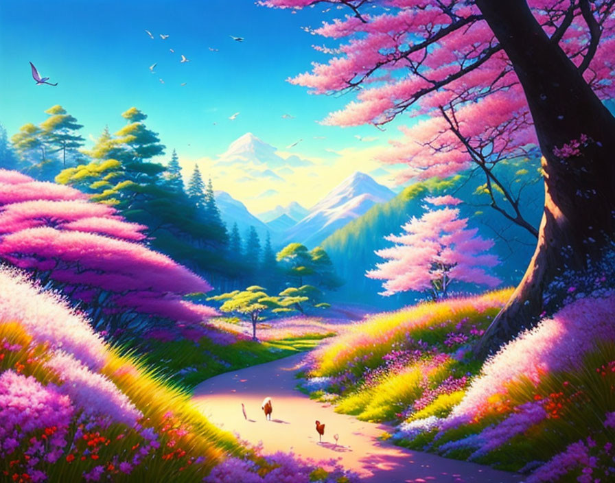 Scenic landscape with pink flowering trees, green hills, and snow-capped mountains