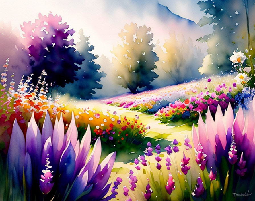 Colorful Watercolor Painting of Lush Garden Path with Blooming Flowers