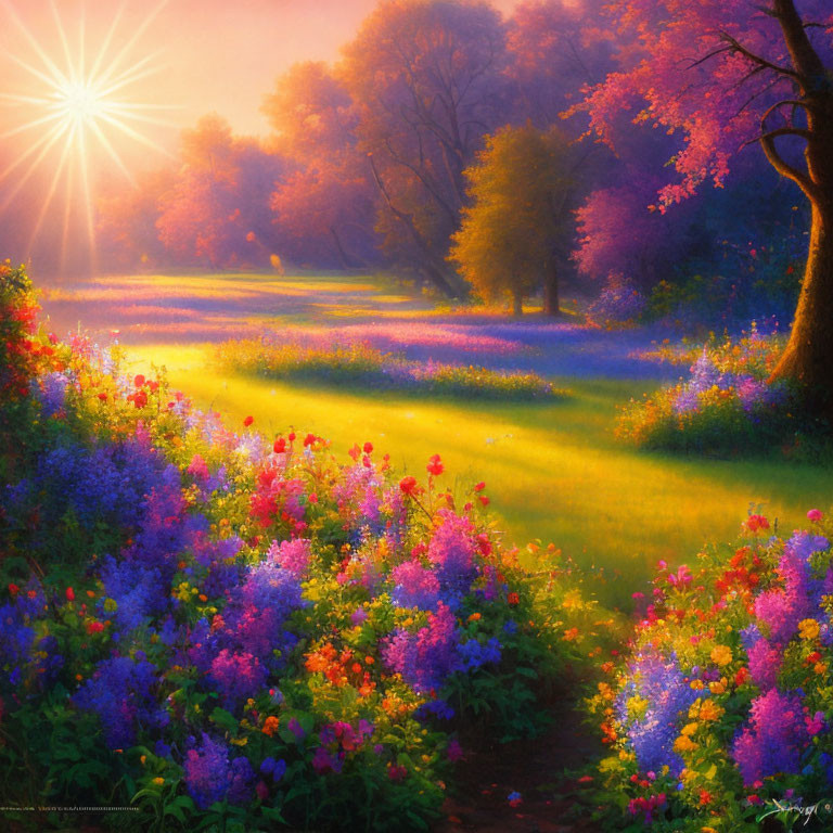 Colorful Landscape with Blooming Flowers and Sunrise