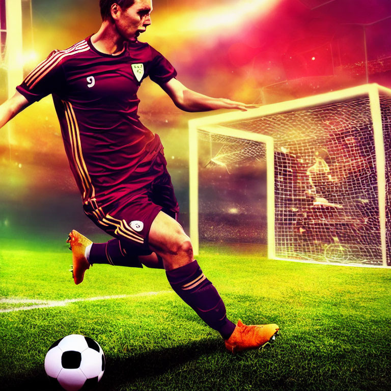 Intense soccer player in red kit on vibrant field with goal