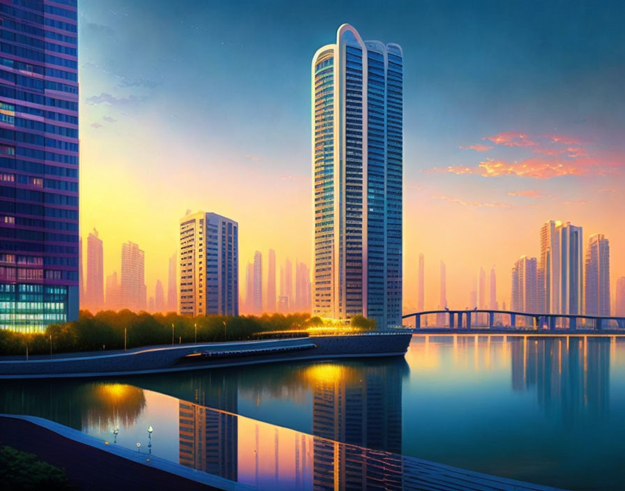 Modern Cityscape at Sunrise with Reflective Skyscrapers and River View