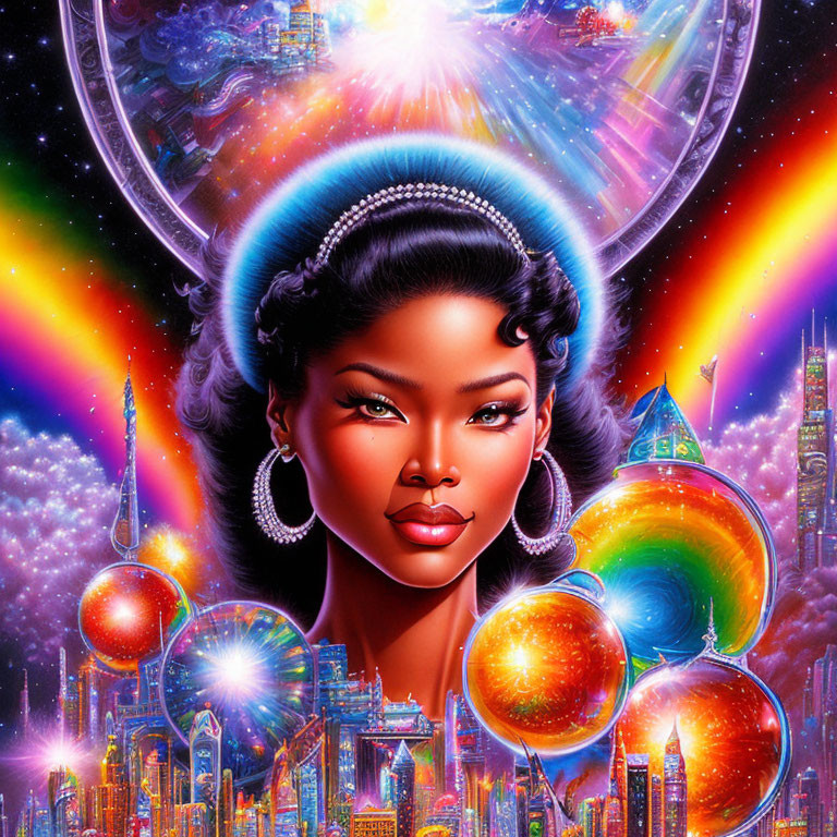 Colorful artwork: woman's face with futuristic cityscape, rainbow, planets, starry space.