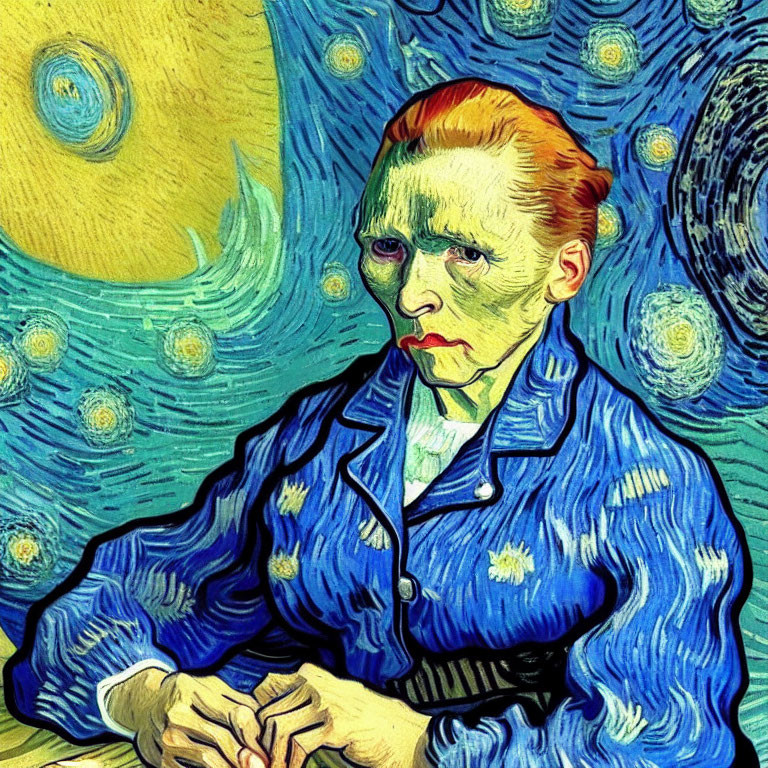 Man with Red Hair and Beard in Post-Impressionist Style on Starry Night Background