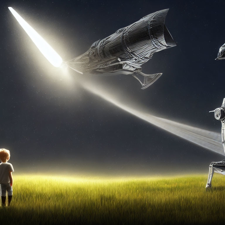 Child admires rocketship and robot in illuminated night field