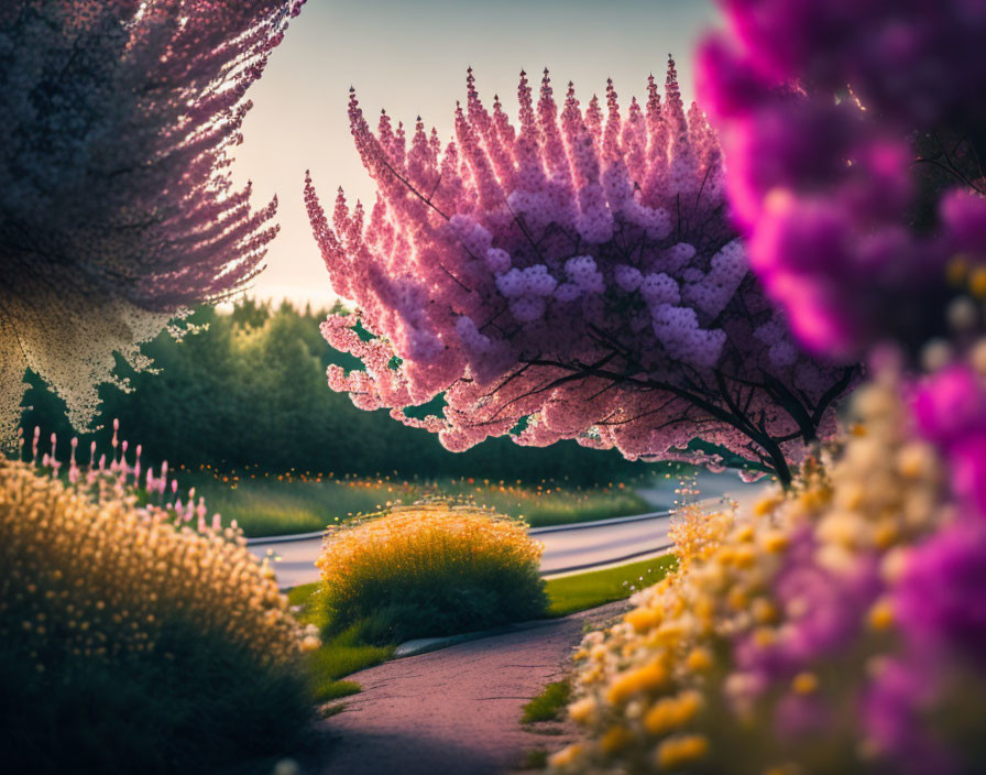 Tranquil Path with Purple and Pink Flowering Trees at Sunset