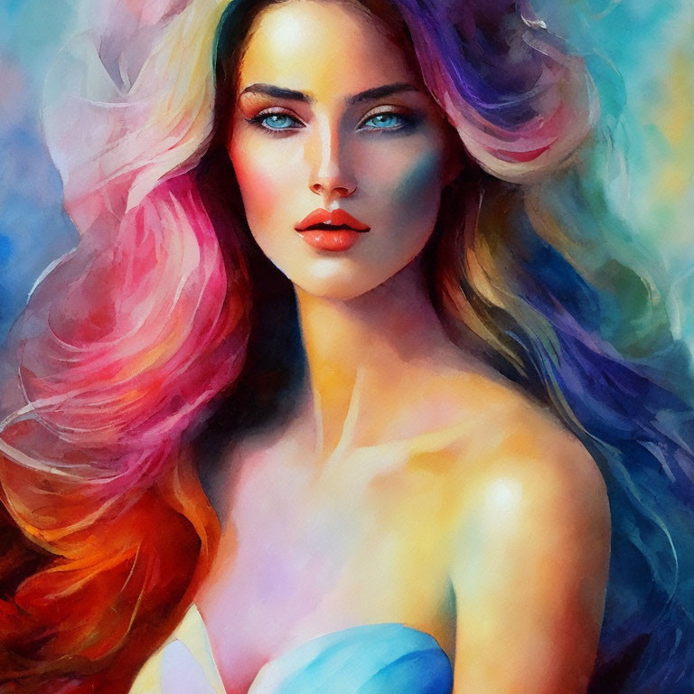 Colorful painting of woman with multicolored hair and blue eyes