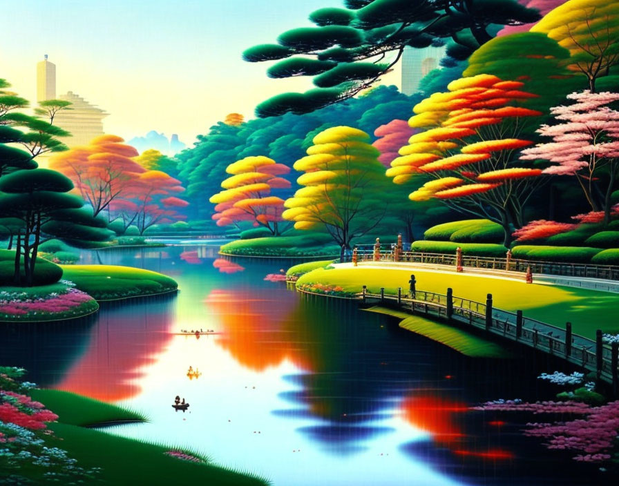 Colorful digital artwork of a serene park with a couple by a reflective lake