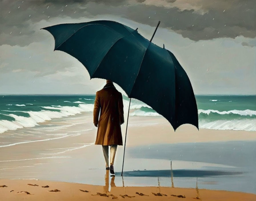 Solitary figure with umbrella on beach facing crashing waves