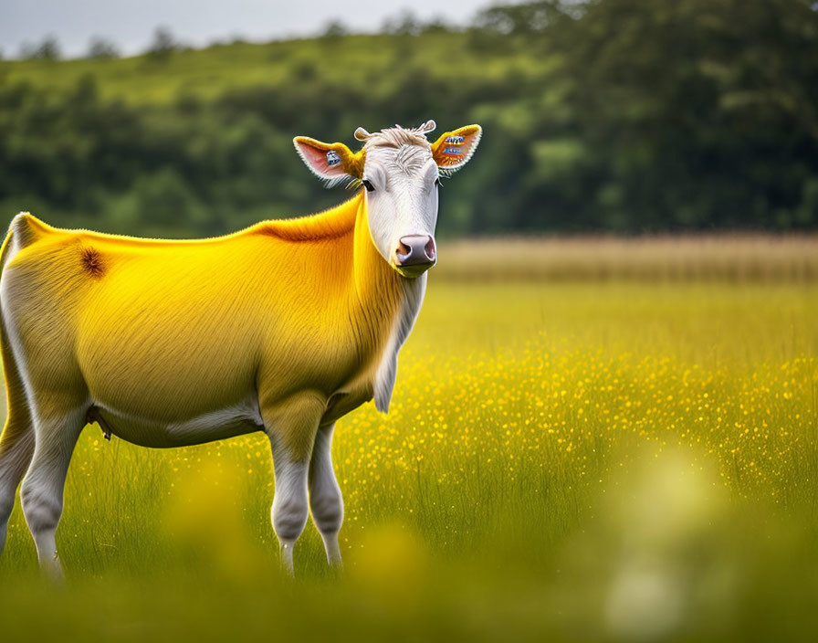 Cow in lush field with yellow flowers and green backdrop.